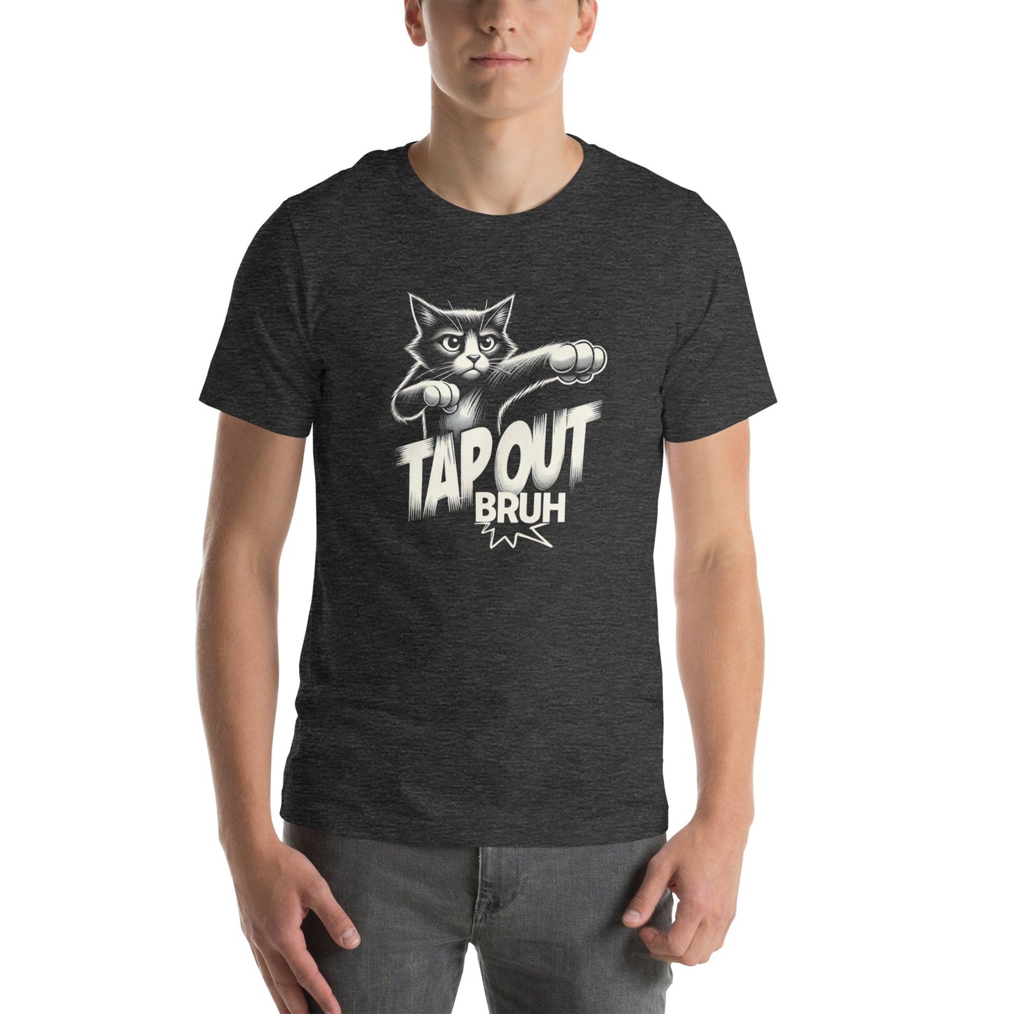 Dark gray t-shirt featuring a comic-style design of a fierce black-and-white cat throwing punches. The text 'TAP OUT BRUH' appears in bold, dynamic lettering.