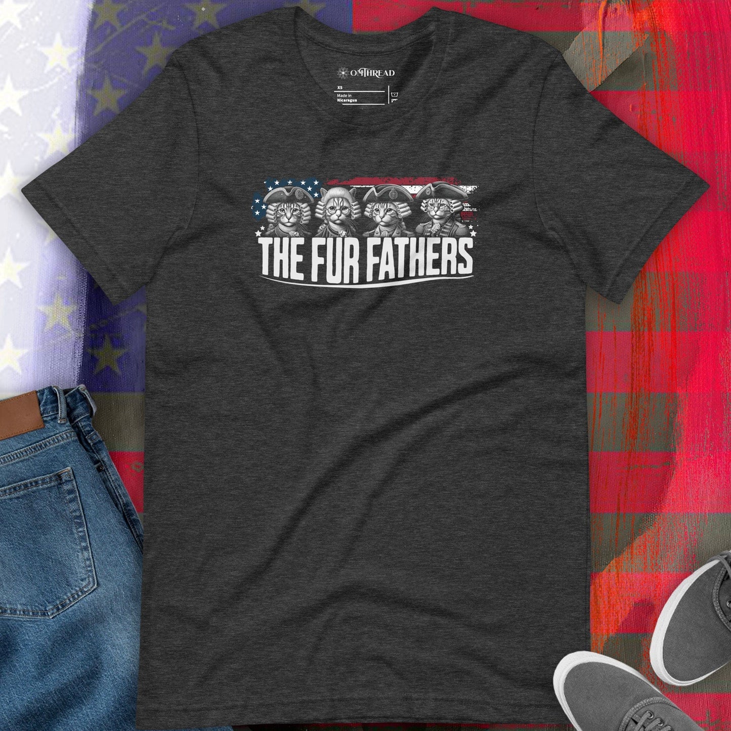 OMTHREAD The Fur Fathers Cat T-Shirt | Funny Patriotic Cat Tee | Founding Cats