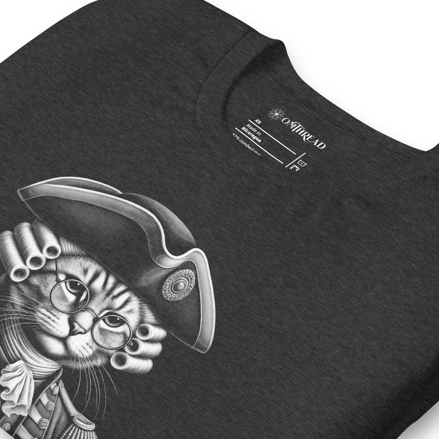 Dark gray t-shirt featuring a colonial-style cat in 18th-century revolutionary attire, complete with a powdered wig and glasses. The banner below reads, The Right to Purr and Bear Claws in bold lettering, surrounded by stars.