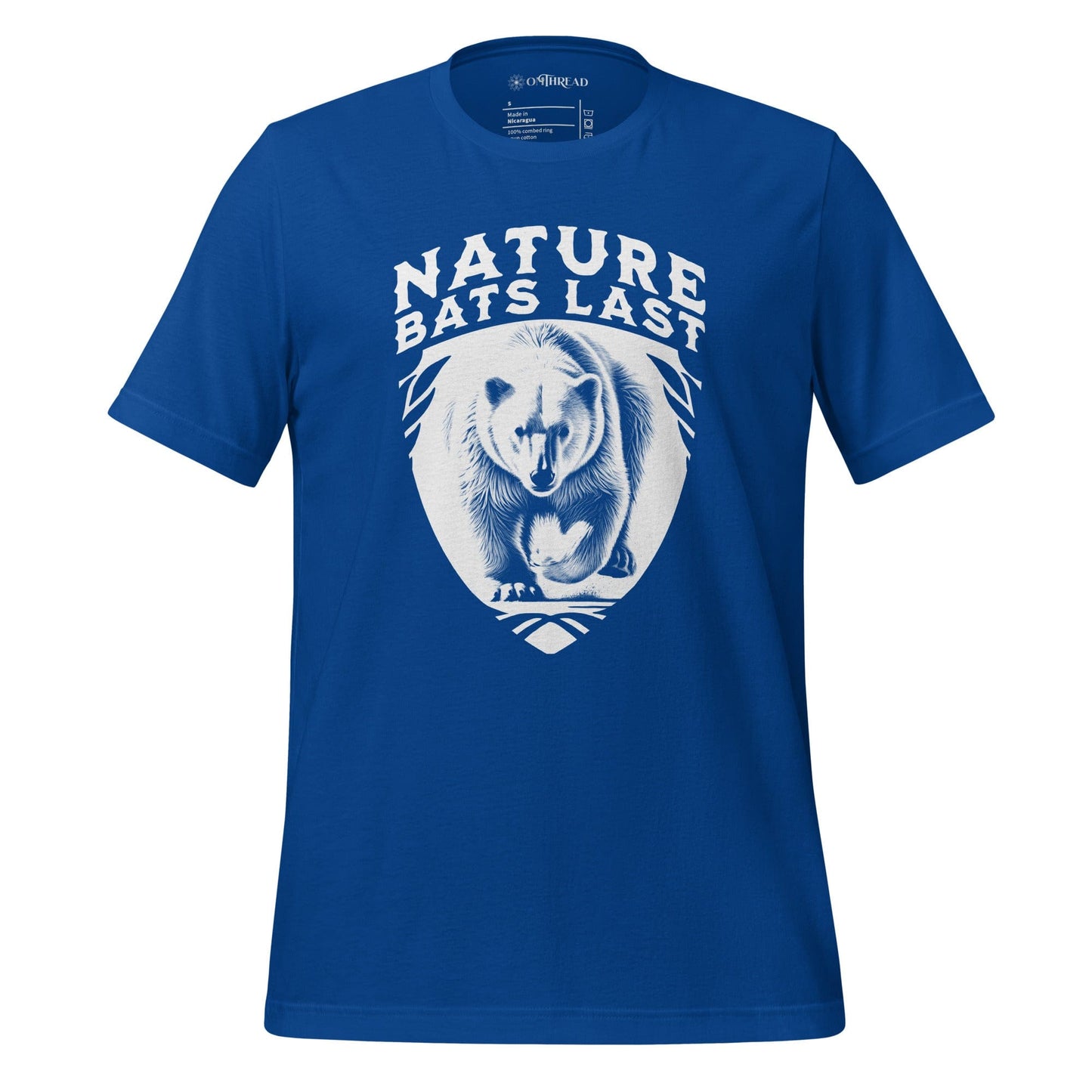 OMTHREAD Royal Blue T-Shirt with a detailed polar bear illustration and bold "Nature Bats Last" text.