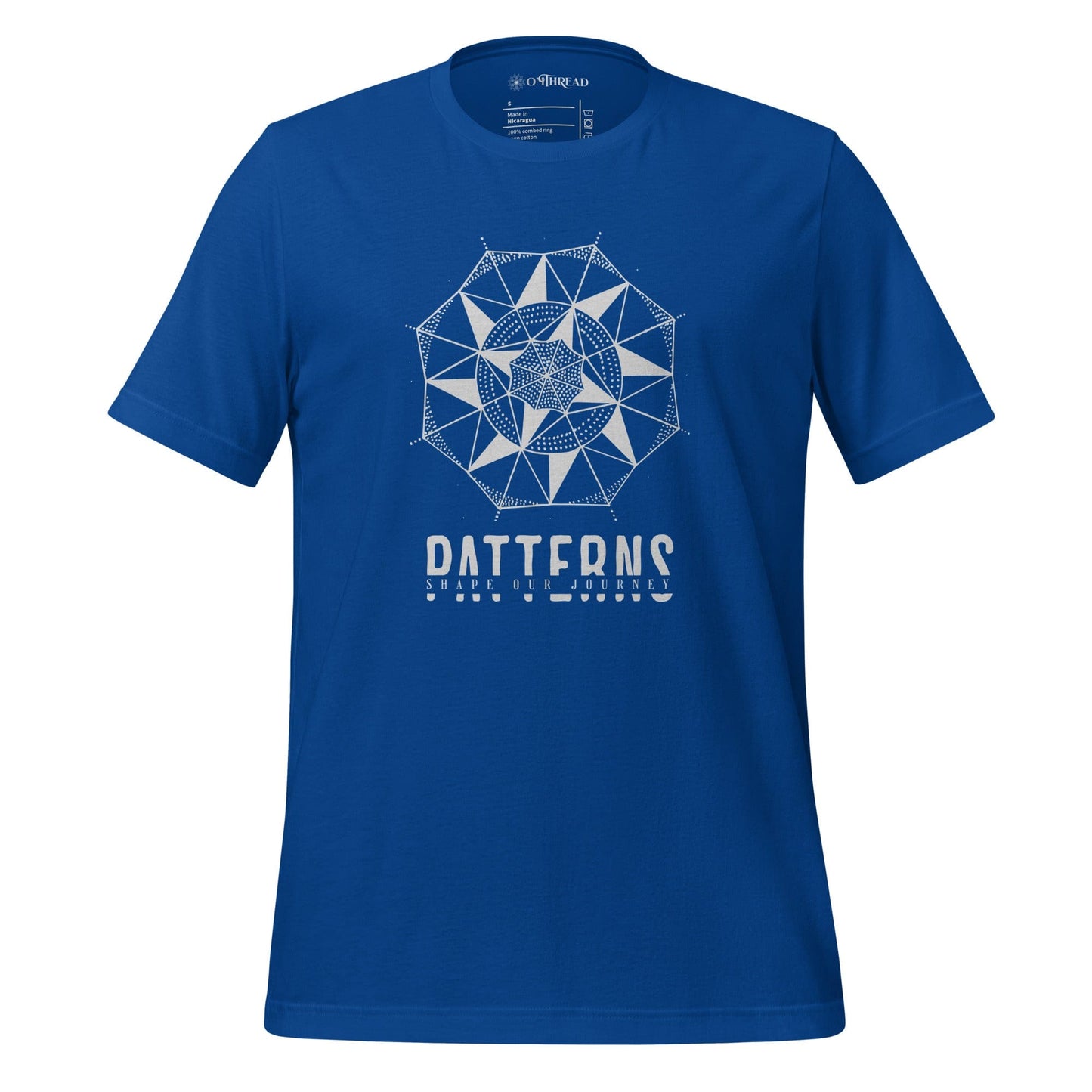 OMTHREAD blue t-shirt with white geometric mandala design and "Patterns Shape Our Journey" text.