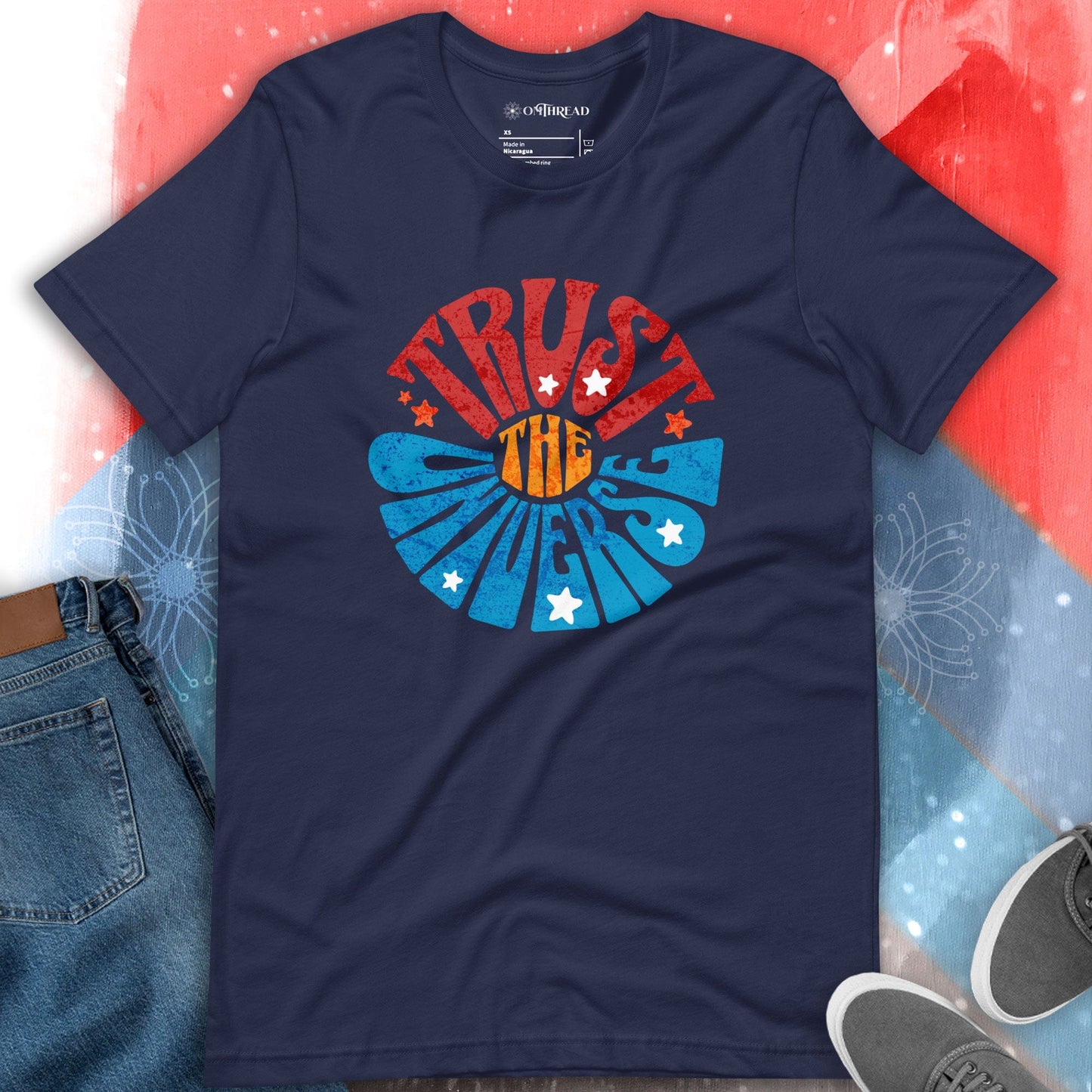 OMTHREAD Trust the Universe Motivational Navy Tee with vintage-style text and stars