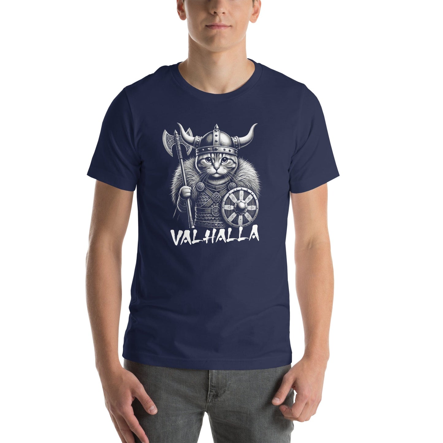 OMTHREAD Valhalla Viking Cat T-Shirt | Norse Mythology Warrior Cat Graphic Tee