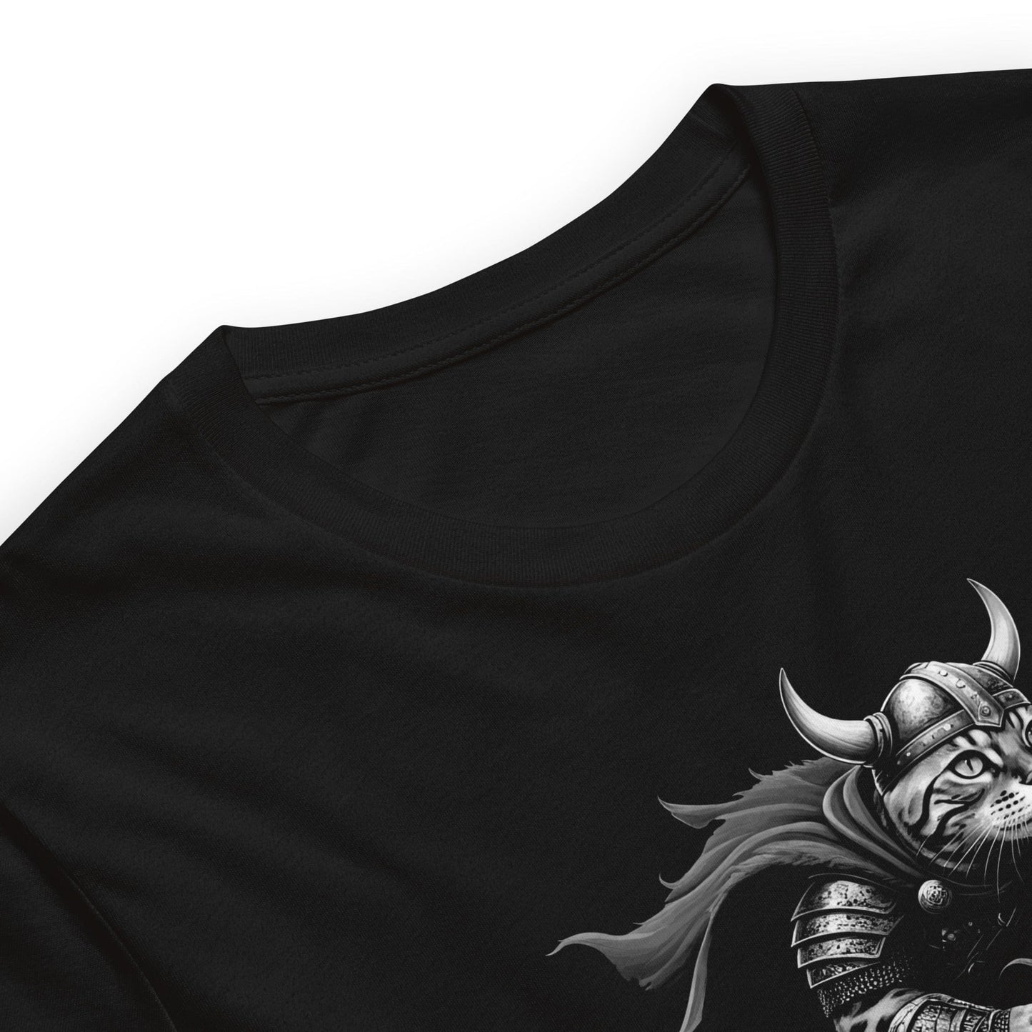 A black t-shirt featuring a Viking-themed illustration of a warrior cat wearing a horned helmet and armor, riding a fierce armored raccoon.