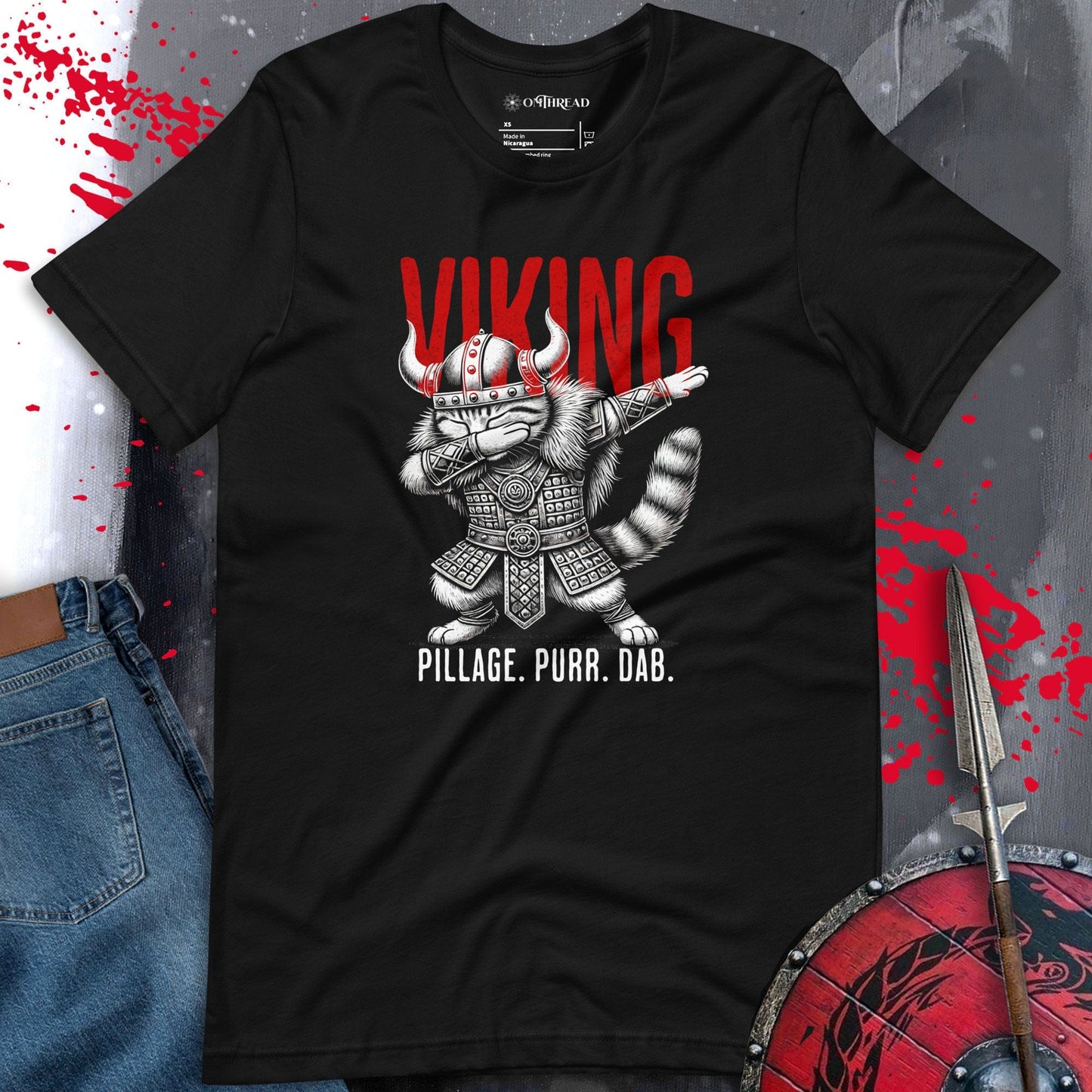 OMTHREAD Viking Dab Cat T-Shirt | Funny Pillage Purr Dab Graphic Tee