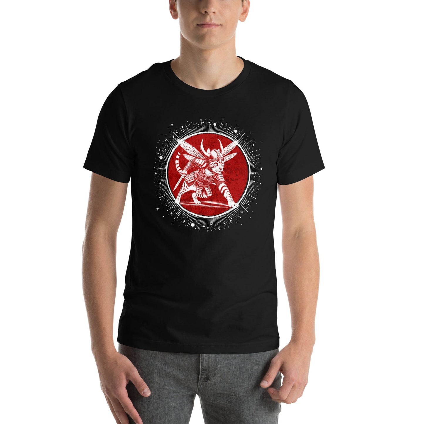 OMTHREAD Viking Warrior Cat T-Shirt - Black tee featuring a fierce feline warrior in Norse armor with a red cosmic circle. Mythology-inspired graphic for cat lovers and Viking fans.