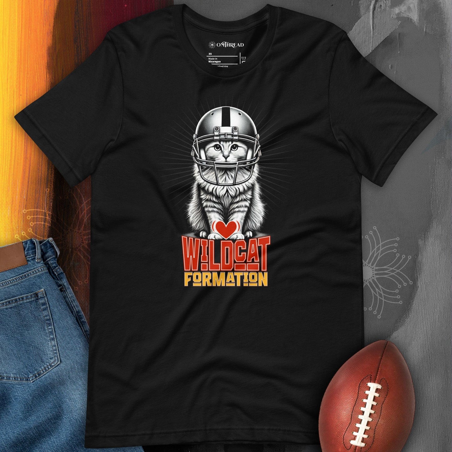 OMTHREAD Wildcat Formation Cat T-Shirt | Funny Football Cat Graphic Tee