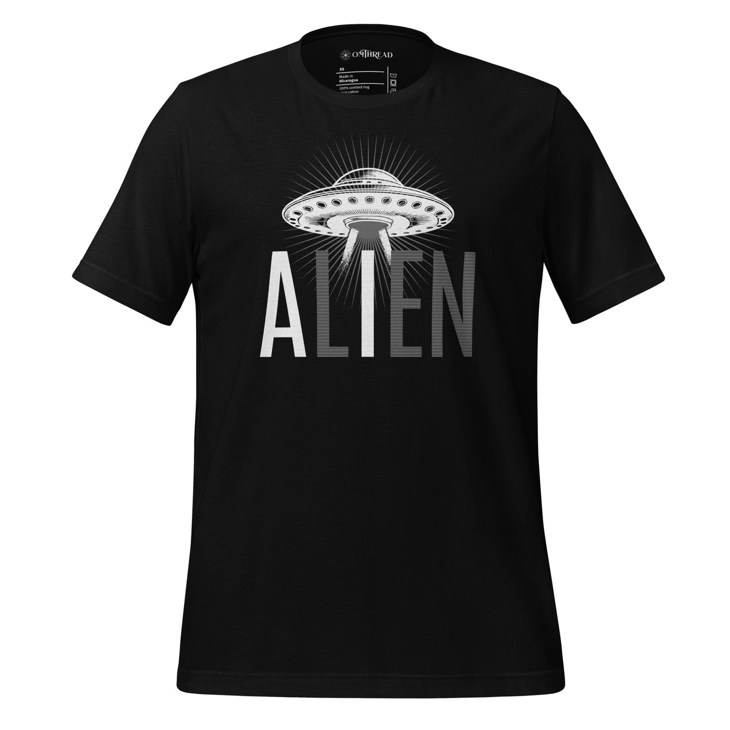 OMTHREAD black t-shirt with UFO spaceship and "ALIEN" text