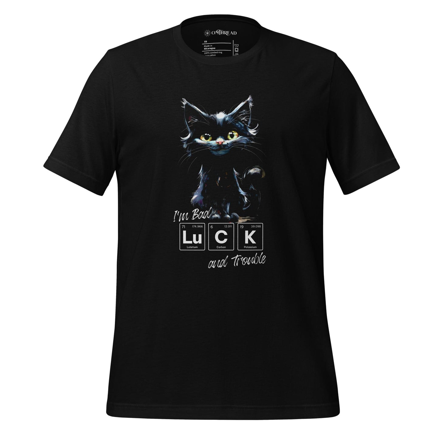 OMThread black t-shirt featuring an illustrated black cat with green eyes, paired with a periodic table-inspired design spelling "LUCK" and handwritten text "I'm Bad Luck and Trouble" below. The design is centered on the shirt
