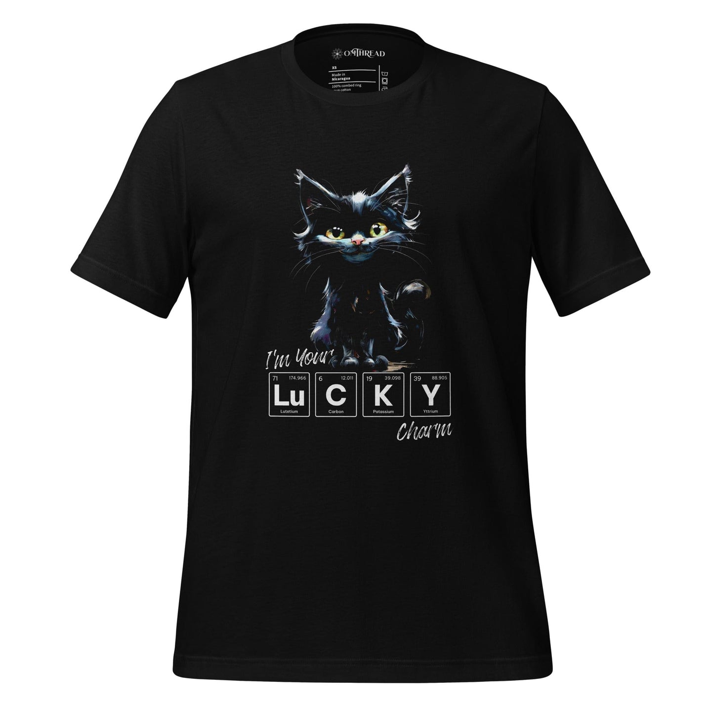 OMThread black t-shirt featuring a whimsical black cat with green eyes standing above the phrase "I'm Your LUCKY Charm," where "LUCKY" is creatively spelled using periodic table elements.