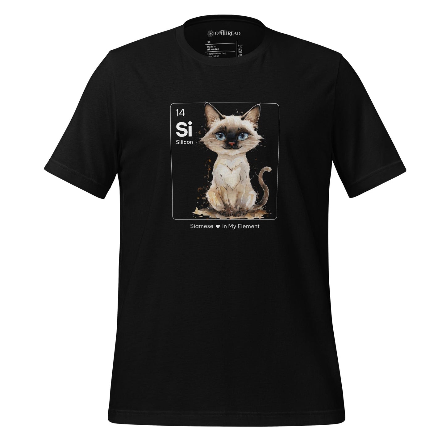 OMThread black t-shirt from featuring a watercolor-style Siamese cat inside a periodic table-inspired square labeled "Si" for Silicon. Below, the text reads "Siamese In My Element." The design combines science and feline charm.
