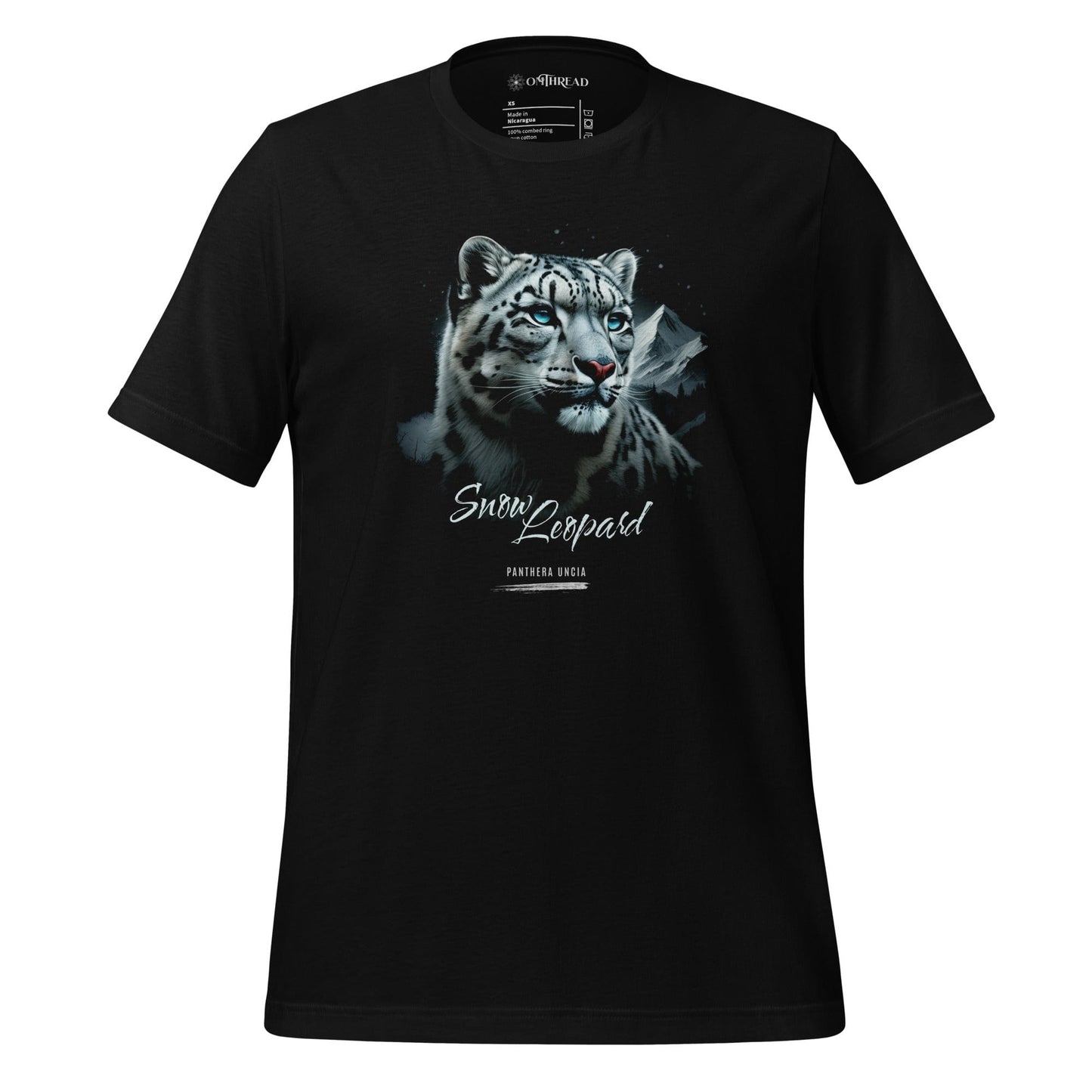OMThread black t-shirt featuring a detailed snow leopard illustration with piercing blue eyes. The design includes the text "Snow Leopard" and "Panthera Uncia" in a stylish font.