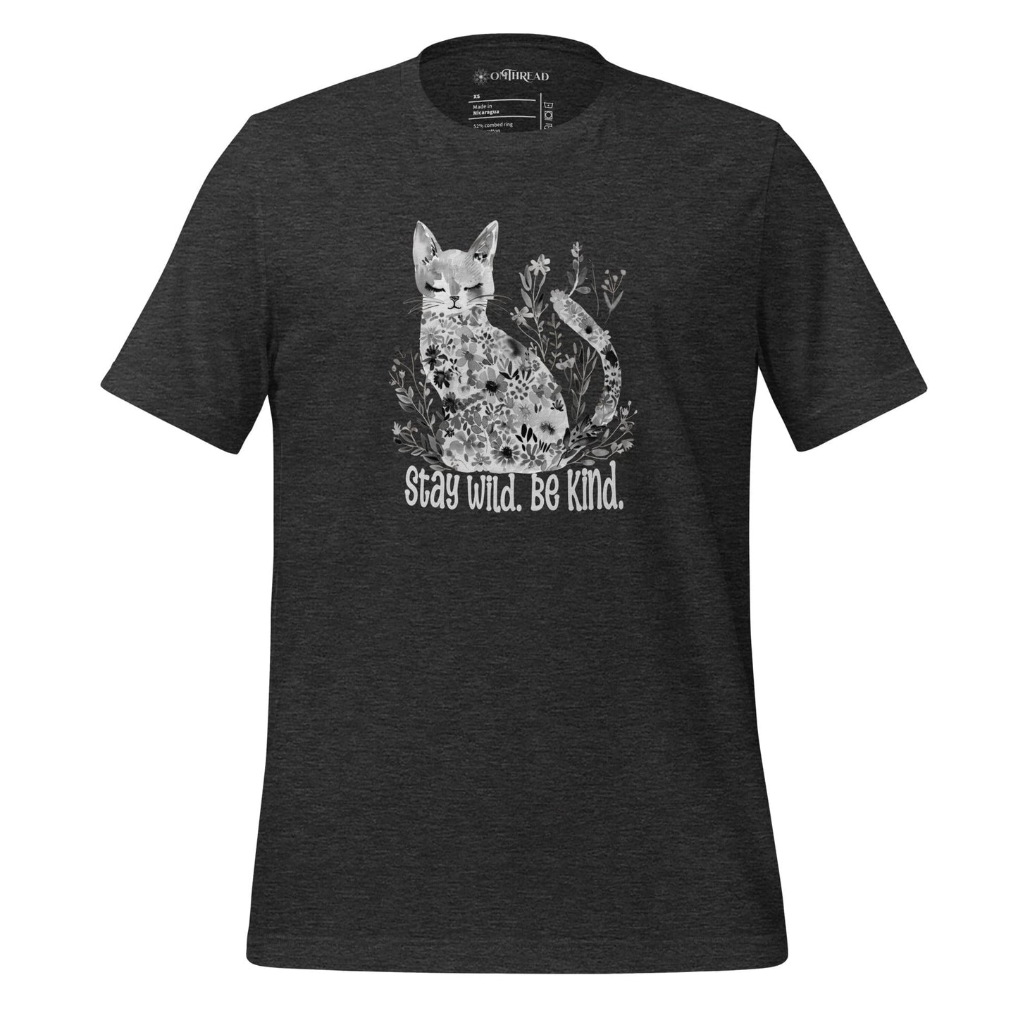 OMThread Stay Wild Be Kind dark gray t-shirt featuring a white floral cat illustration with "Stay Wild. Be Kind." text in a handwritten-style font.
