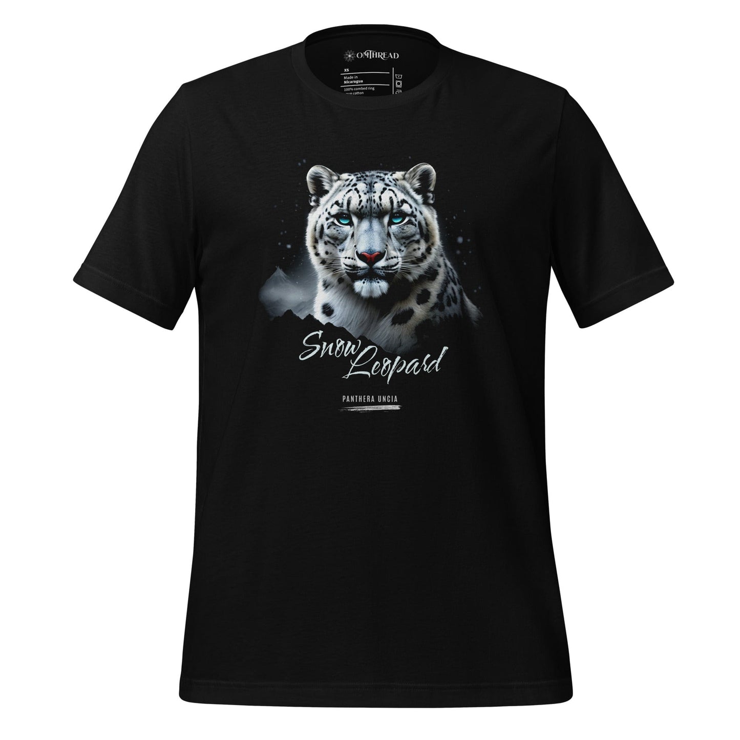 MThread black t-shirt featuring a detailed illustration of a snow leopard with blue eyes, set against a mountainous landscape with a starry night sky. The design includes the words "Snow Leopard" and "Panthera Uncia" in elegant typography.