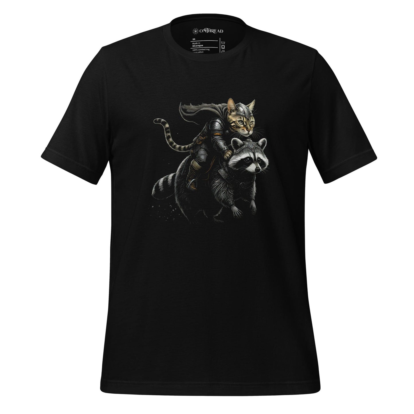 OMThread Viking Bengal Cat Raccoon Rider black t-shirt featuring a detailed illustration of a Bengal cat dressed as a Viking warrior, wearing armor and holding a sword, while riding a strong, armored raccoon.