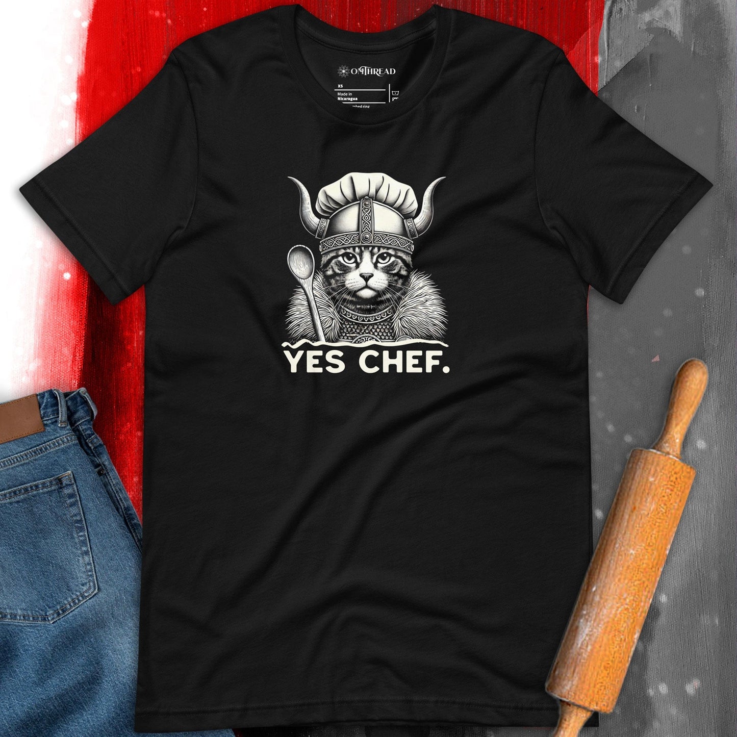 OMTHREAD Yes Chef Cat T-Shirt | Funny Cooking and Viking-Themed Graphic Tee