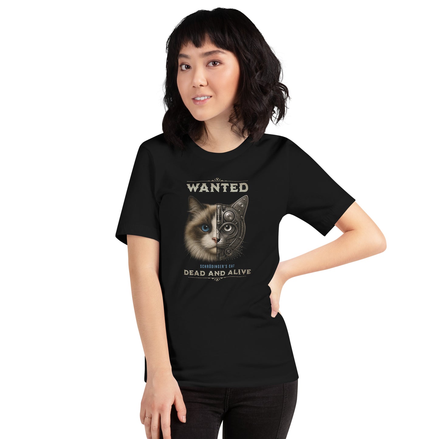 OMThread black t-shirt featuring a ragdoll cat face with blue eye split between realistic and mechanical halves with Schrodinger cat dead and alive text in a wanted poster style design