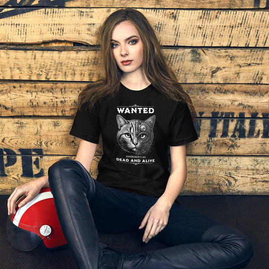 OMThread black t-shirt featuring a monochrome Schrodinger cat design with a split realistic and mechanical cat face in retro wanted poster style with quantum dead and alive text