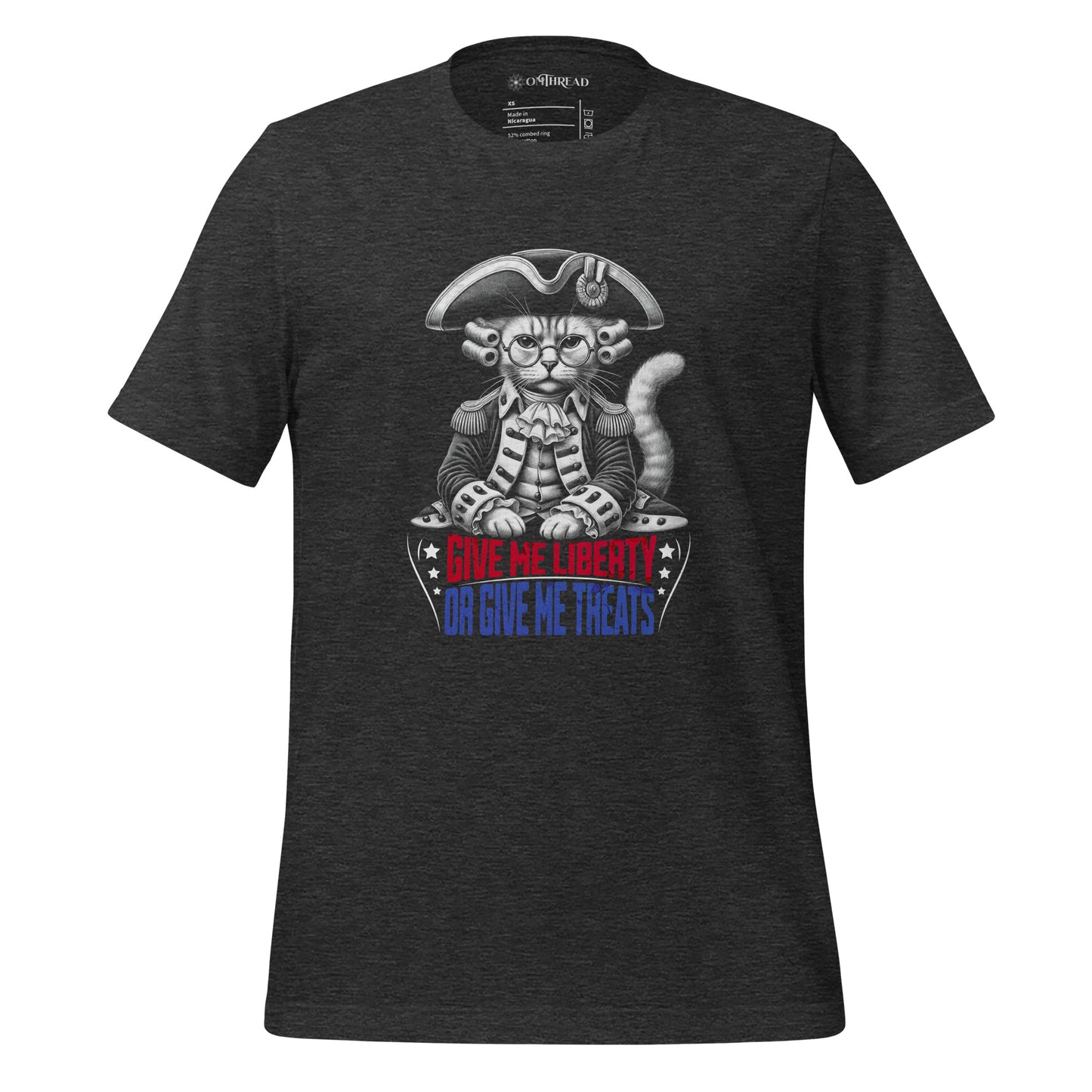 OMTHREAD Give Me Liberty or Give Me Treats Cat T-Shirt – Dark gray short-sleeve tee featuring a colonial-style cat in a tricorn hat, glasses, and wig, with a patriotic banner reading "Give Me Liberty or Give Me Treats" in red, white, and blue.
