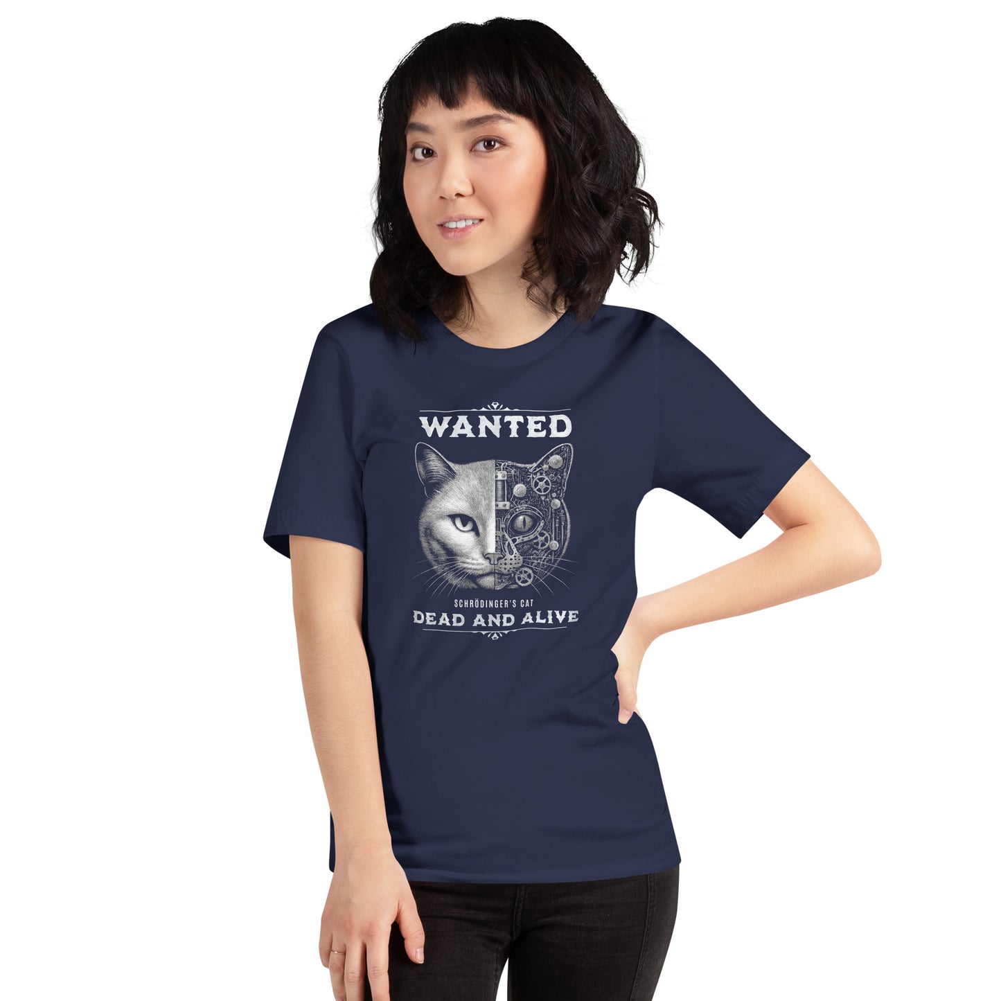 OMThread navy t-shirt featuring a retro western wanted poster style Schrodinger cat design with a split realistic and mechanical cat face and quantum dead and alive text