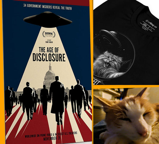 image showing The Age of Disclosure UFO documentary poster, a black Pallas Cat Abduction graphic t-shirt, and a close-up photo of Petey, our ginger cat resting.