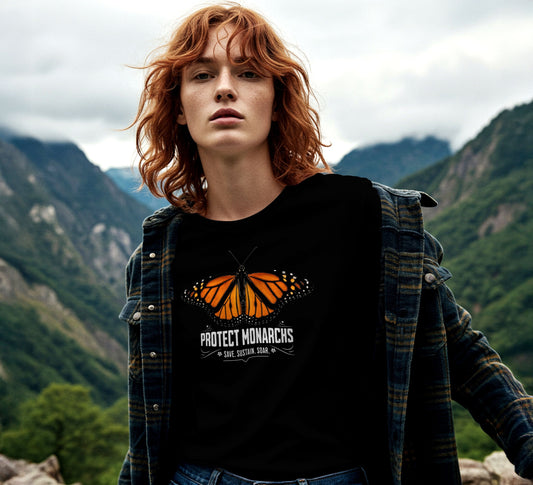 OMThread black t-shirt with Protect Monarchs design featuring orange Monarch butterfly, worn by model outdoors in mountain setting.