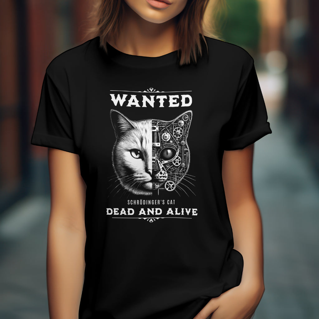 Person wearing a black t-shirt with a design featuring Schrödinger's cat and the text 'Wanted: Dead and Alive.