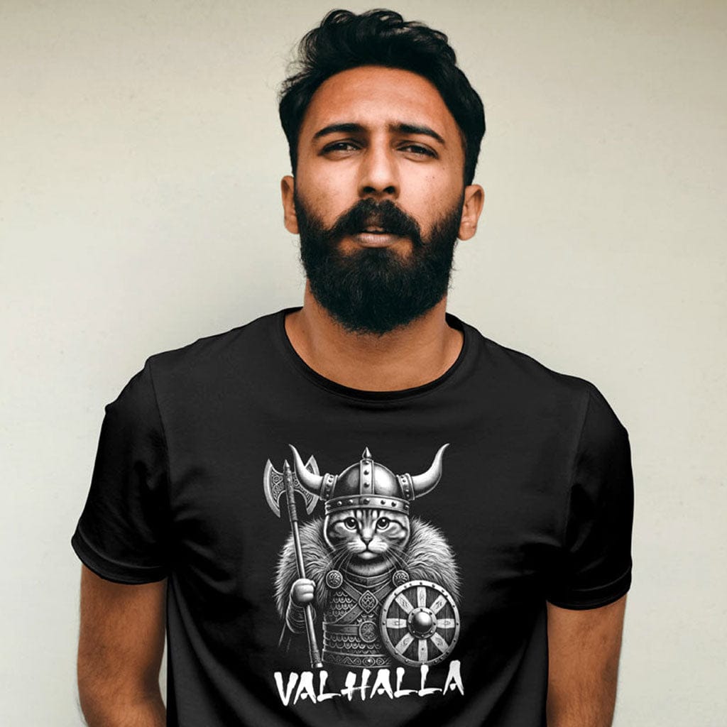 OMThread black t-shirt with Viking warrior cat illustration and “Warrior Wannabe Epic in My Own Mind” design