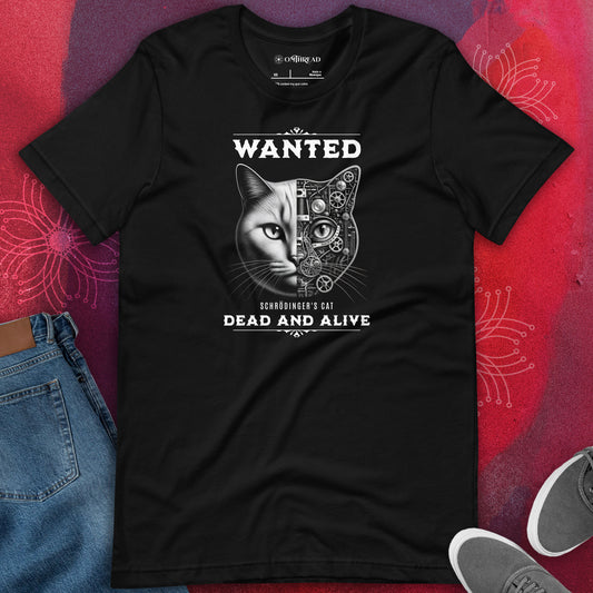 OMThread black t-shirt featuring a retro western wanted poster style Schrodinger cat design with a split realistic and mechanical cat face and quantum dead and alive text