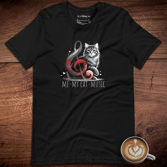 OMThread black t-shirt featuring a fluffy tabby cat sitting next to a large red treble clef symbol with small hearts around it. The design includes the phrase 'Me • My Cat • Music' in a stylish font. 