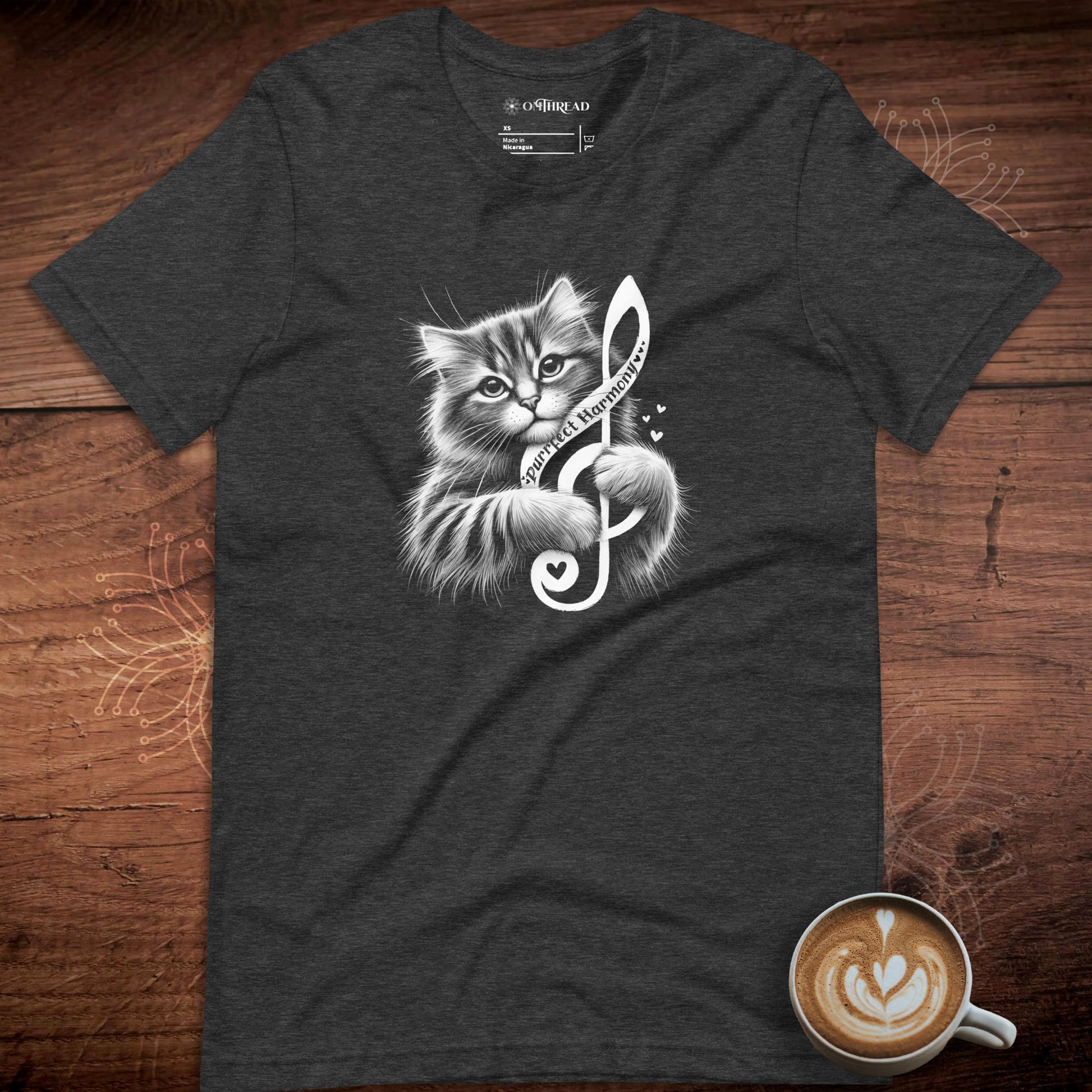 OMThread dark gray t-shirt featuring a fluffy cat holding a treble clef with 'Purrfect Harmony' text. The cat has detailed fur and a serene expression.