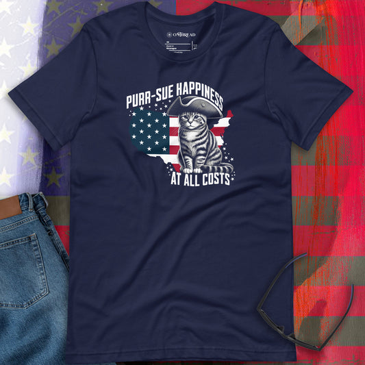 Purr-sue Happiness Cat T-Shirt | Patriotic Feline Graphic Tee