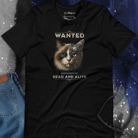 OMThread black t-shirt featuring a ragdoll cat face with blue eye split between realistic and mechanical halves with Schrodinger cat dead and alive text in a wanted poster style design