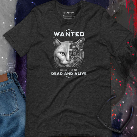 OMThread dark grey t-shirt featuring a retro western wanted poster style Schrodinger cat design with a split realistic and mechanical cat face and quantum dead and alive text