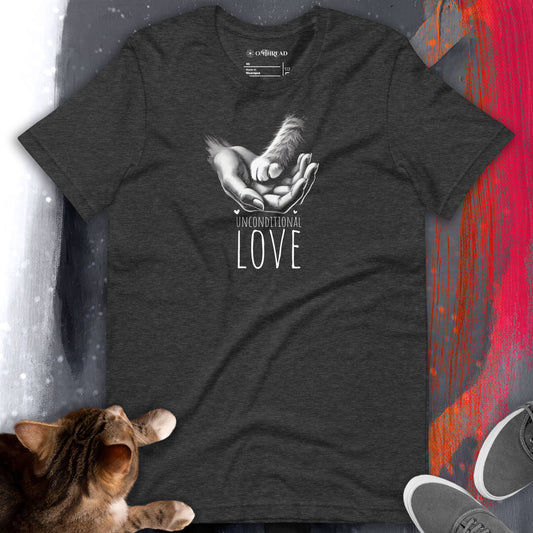 OMThread Unconditional Love Cat dark gray T-Shirt featuring a cat paw resting in a human hand, symbolizing the bond between humans and pets. The word 'Unconditional Love' is written below the design.