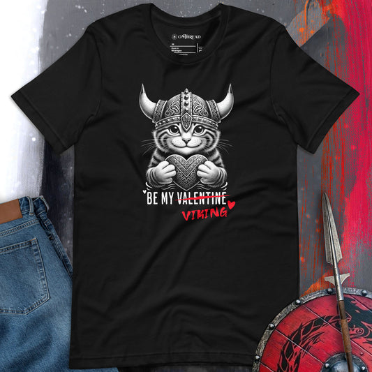 OMTHREAD Be My Valentine Viking Cat T-Shirt – Funny Norse Love Graphic Tee featuring a Viking cat holding a heart, perfect for Valentine's Day or cat lovers who enjoy playful Norse-inspired designs.