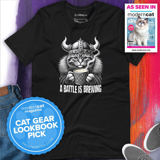 OMTHREAD A Battle Is Brewing Viking Cat T-Shirt Funny Coffee Lover Tee