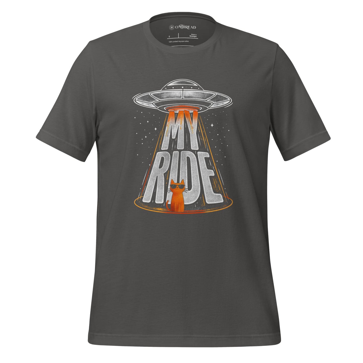 OMTHREAD Asphalt / S Funny Orange Cat UFO Shirt Alien Cat Sci Fi My Ride Tee