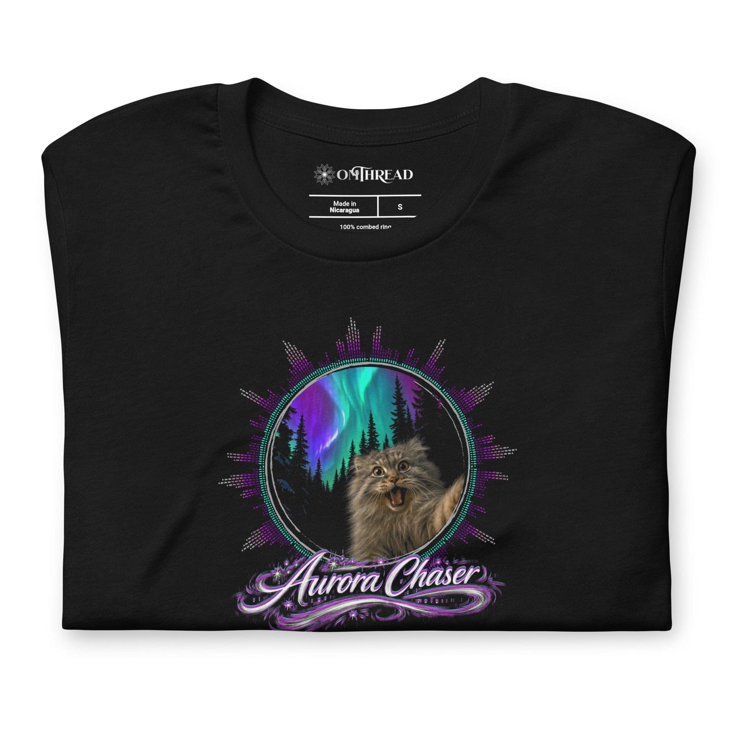 OMTHREAD Aurora Chaser Pallas Cat T-Shirt Northern Lights Night Sky