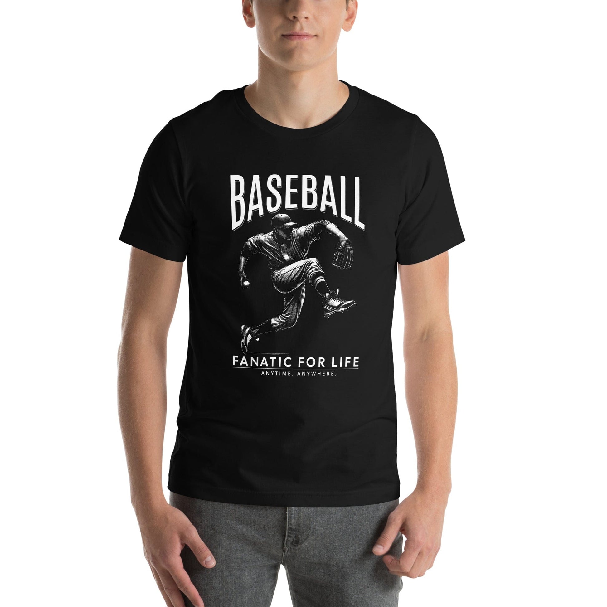 Man wearing black Baseball Fanatic for Life t-shirt with a dynamic pitcher graphic. Ideal baseball fan apparel for any sports lover.