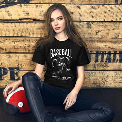 Woman modeling black Baseball Fanatic for Life t-shirt with vintage baseball player graphic. Stylish and comfortable baseball tee for fans and athletes.