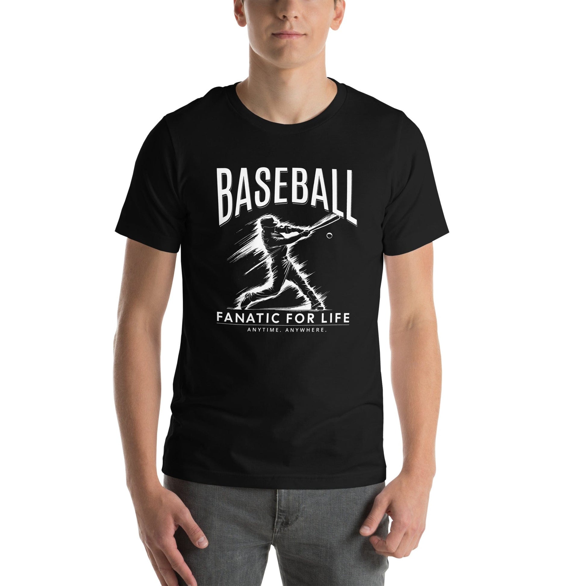 Black baseball nostalgic t-shirt featuring a striking white graphic of a batter in mid-swing with bold text reading Baseball fanatic for life, designed for dedicated baseball enthusiasts