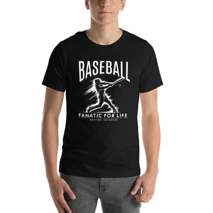 Black baseball nostalgic t-shirt featuring a striking white graphic of a batter in mid-swing with bold text reading Baseball fanatic for life, designed for dedicated baseball enthusiasts