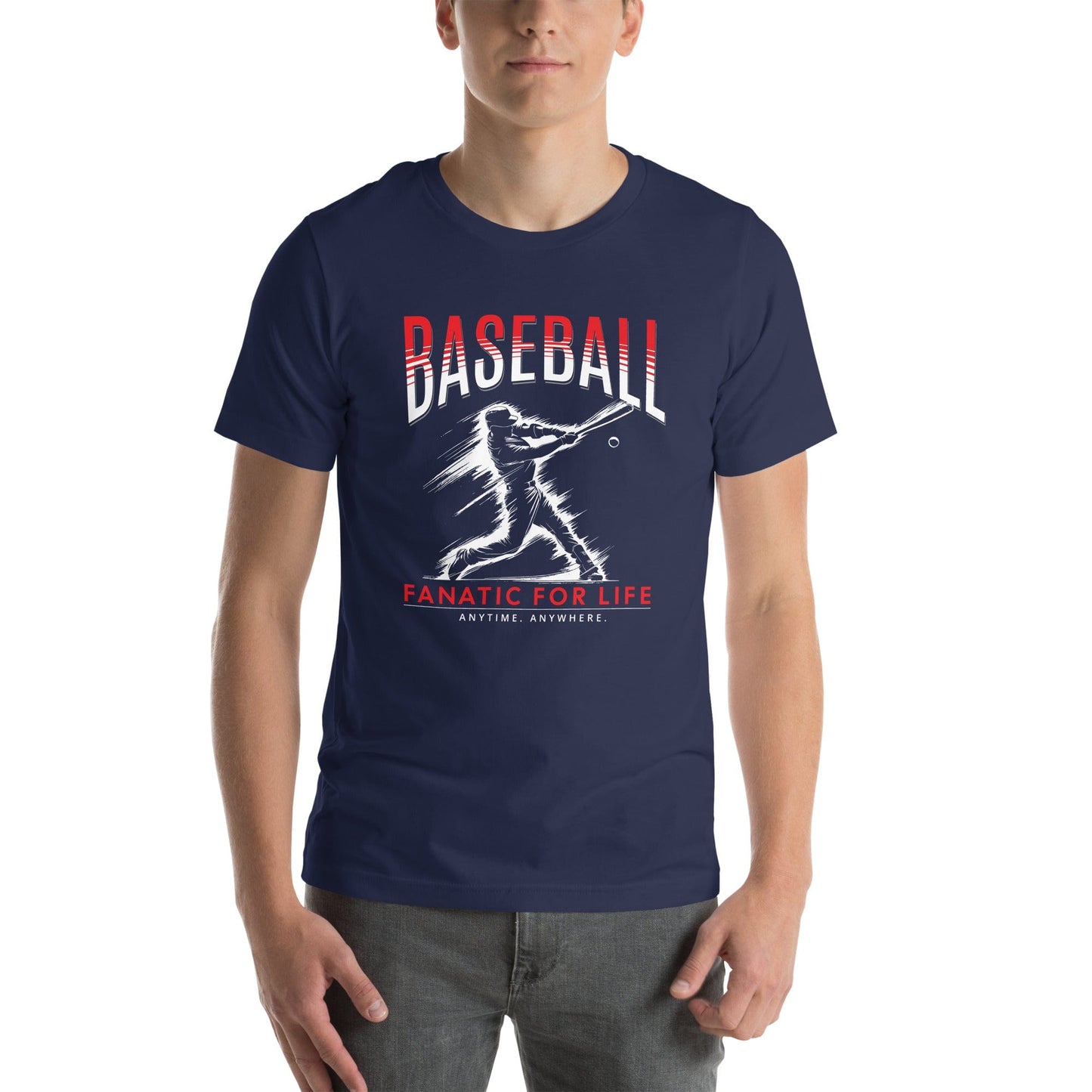 Man wearing navy baseball t-shirt featuring a graphic of a batter mid-swing with bold red and white text that reads Baseball fanatic for life ideal for baseball enthusiasts and sports fans