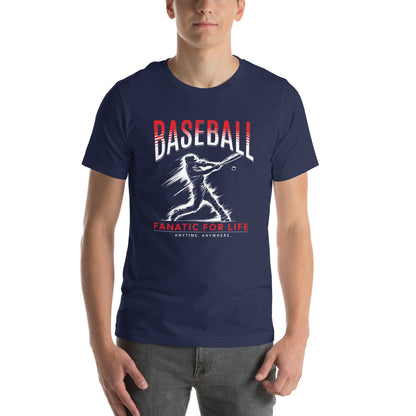 Man wearing navy baseball t-shirt featuring a graphic of a batter mid-swing with bold red and white text that reads Baseball fanatic for life ideal for baseball enthusiasts and sports fans