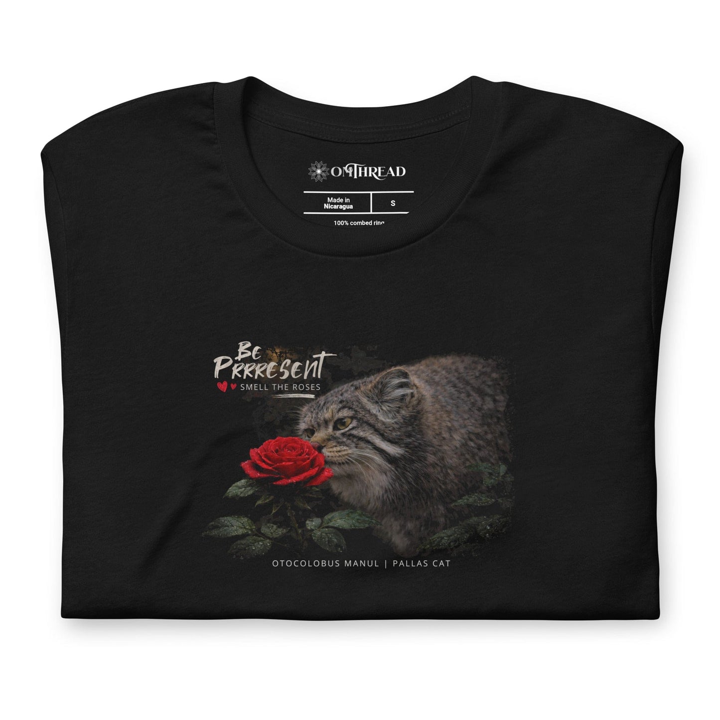 OMTHREAD Be Purr-sent Zen Pallas Cat T-Shirt Mindful Wildcat with Red Rose