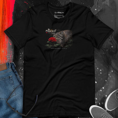 OMTHREAD Be Purr-sent Zen Pallas Cat T-Shirt Mindful Wildcat with Red Rose