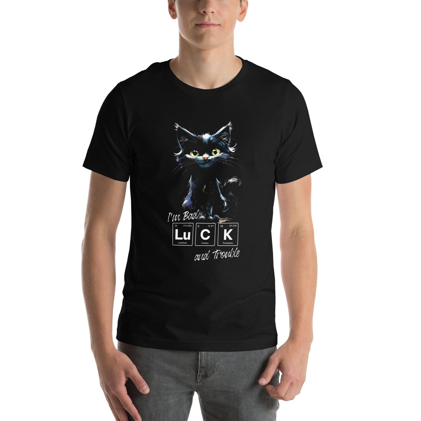 OMTHREAD Black Cat 'I'm Bad Luck and Trouble' Tee | Chemistry Periodic Table Shirt