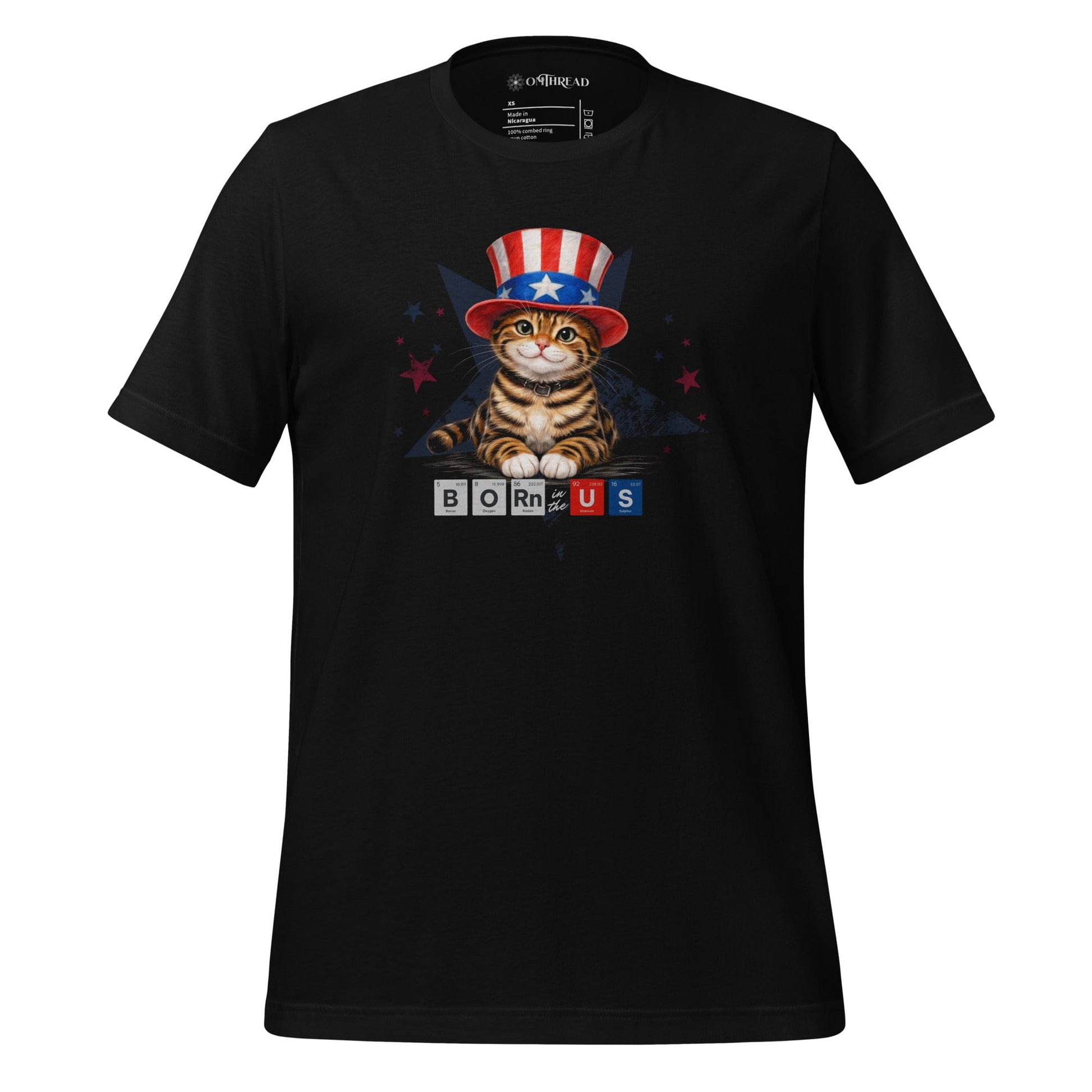 OMTHREAD Black / XS Born in USA Patriotic Tabby Cat Science Graphic Tee 4th July