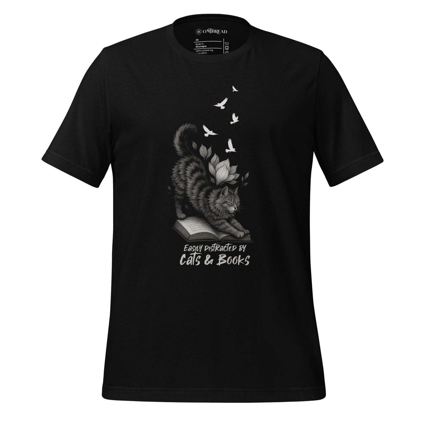 OMTHREAD Black / XS Easily Distracted by Cats and Books Funny Cat Reader T-Shirt
